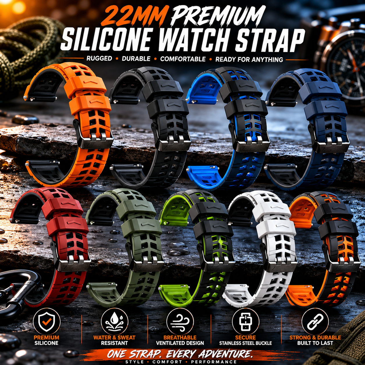 22mm Premium Rugged Silicone Watch Strap